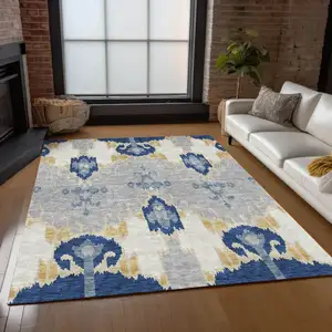 Photo of Navy Blue Ivory And Gray Ikat Washable Indoor Outdoor Area Rug