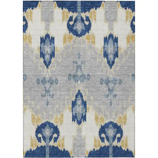 Navy Blue Ivory And Gray Ikat Washable Indoor Outdoor Area Rug Photo 1