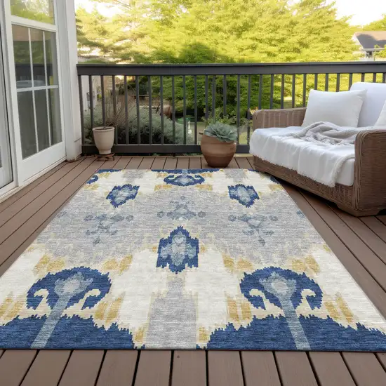 Navy Blue Ivory And Gray Ikat Washable Indoor Outdoor Area Rug Photo 7