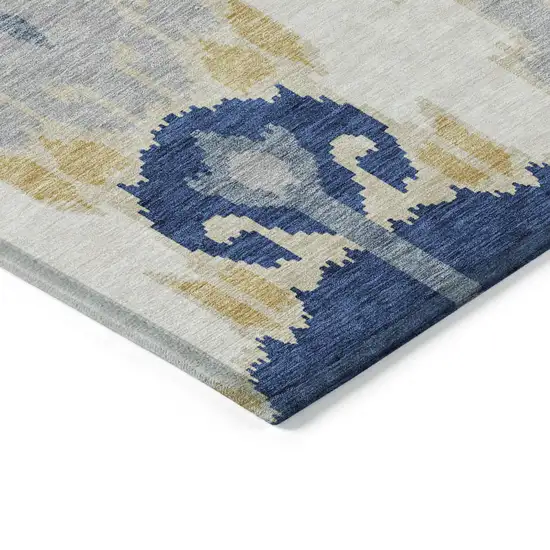 Navy Blue Ivory And Gray Ikat Washable Indoor Outdoor Area Rug Photo 3