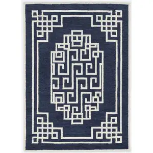 Photo of Navy Blue Ivory Hand Tufted Bordered Greek Key Indoor Area Rug