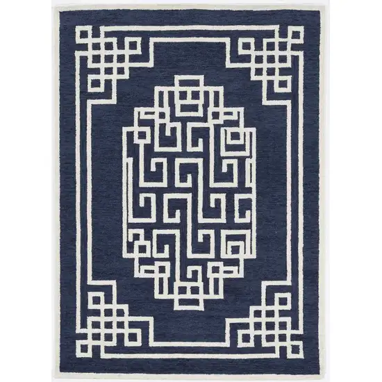 2'X4' Navy Blue Ivory Hand Tufted Greek Key Medallion Indoor Accent Rug Photo 7