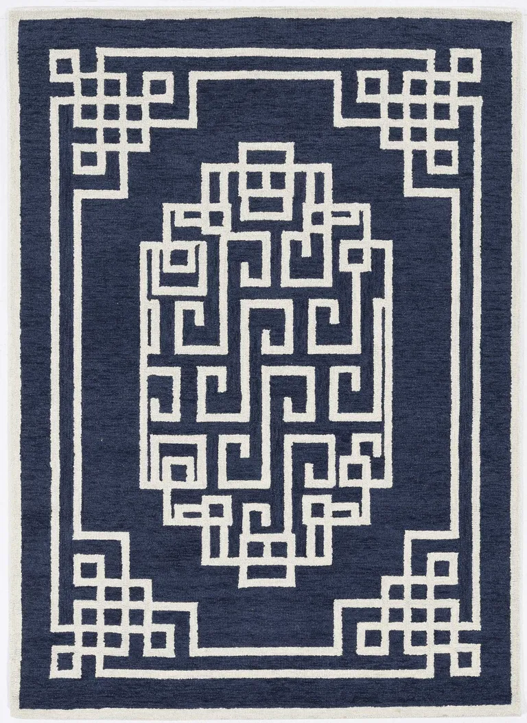 Navy Blue Ivory Hand Tufted Greek Key Medallion Indoor Accent Rug Photo 1