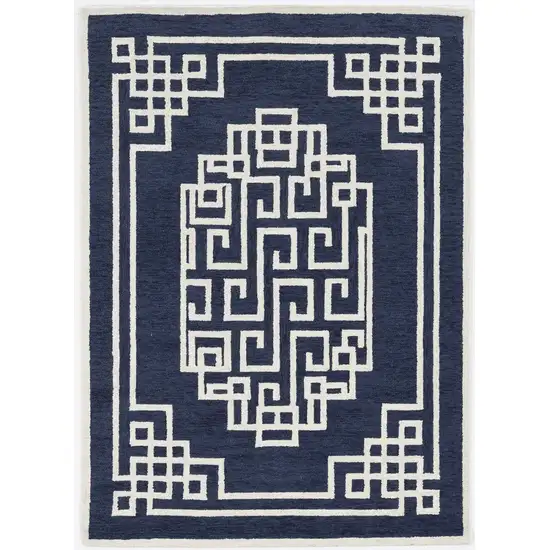 Navy Blue Ivory Hand Tufted Greek Key Medallion Indoor Accent Rug Photo 1