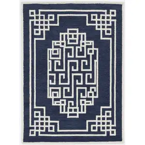 Photo of Navy Blue Ivory Hand Tufted Greek Key Medallion Indoor Accent Rug