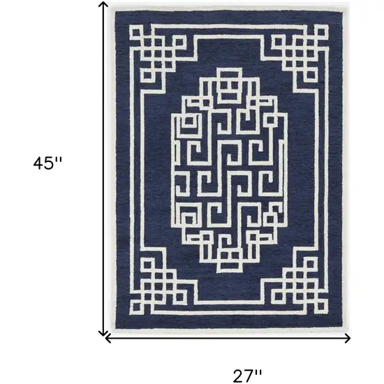 2'X4' Navy Blue Ivory Hand Tufted Greek Key Medallion Indoor Accent Rug Photo 8