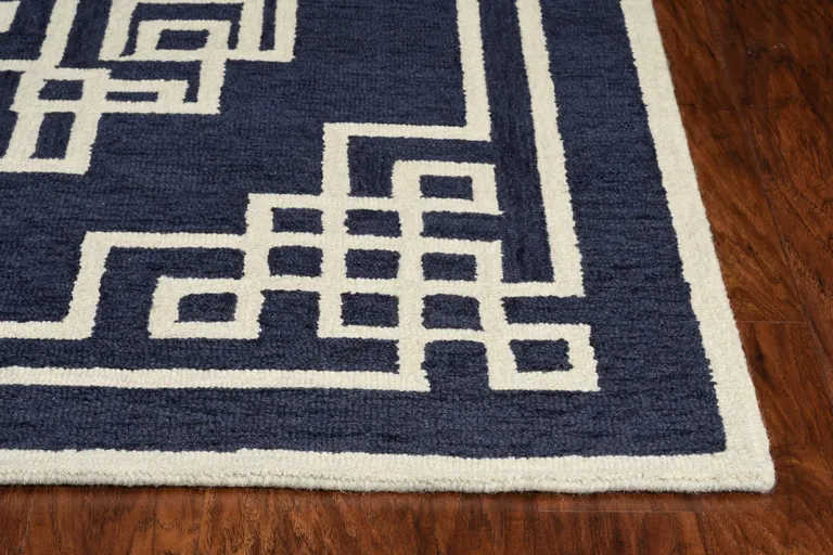 Navy Blue Ivory Hand Tufted Greek Key Medallion Indoor Area Rug Photo 2