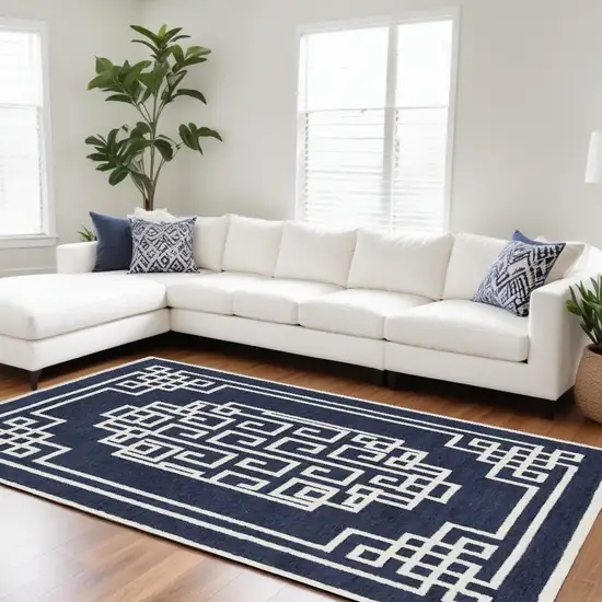 Navy Blue Ivory Hand Tufted Greek Key Medallion Indoor Area Rug Photo 1