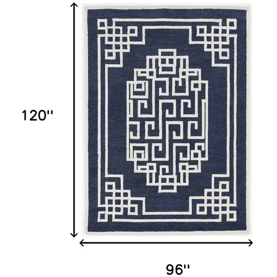 Navy Blue Ivory Hand Tufted Greek Key Medallion Indoor Area Rug Photo 3