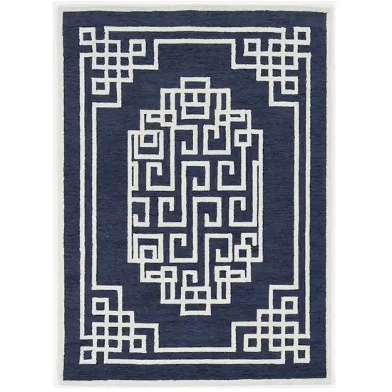 Navy Blue Ivory Hand Tufted Greek Key Medallion Indoor Area Rug Photo 2