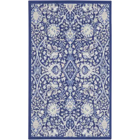 Navy Blue Ivory and Beige Floral Area Rug Photo 2