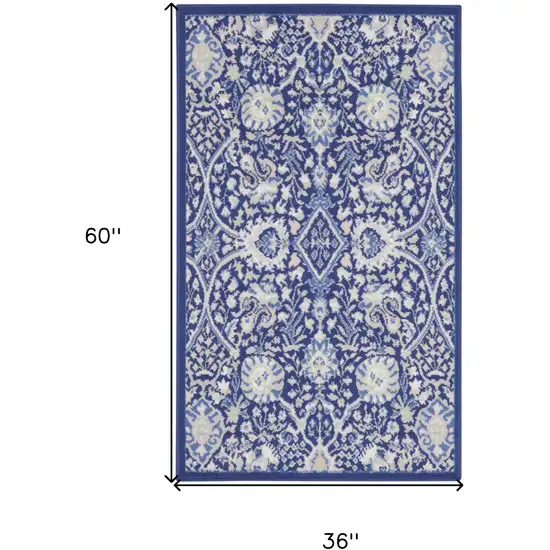 Navy Blue Ivory and Beige Floral Area Rug Photo 3