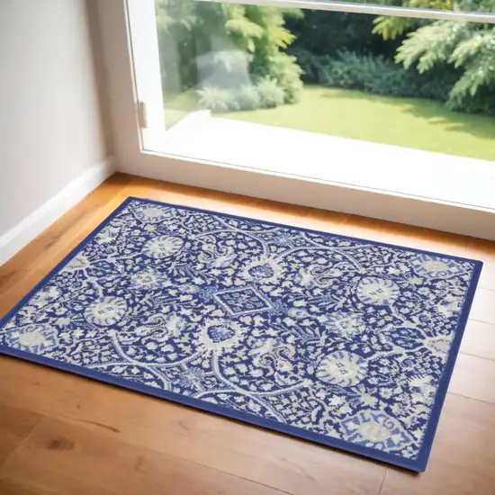 Navy Blue Ivory and Beige Floral Area Rug Photo 1