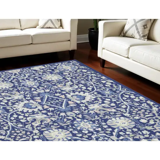 Navy Blue Ivory and Beige Floral Distressed Non Skid Area Rug Photo 1