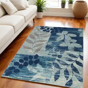 Photo of Navy Blue Light Blue and Gray Botanical Leaves Area Rug