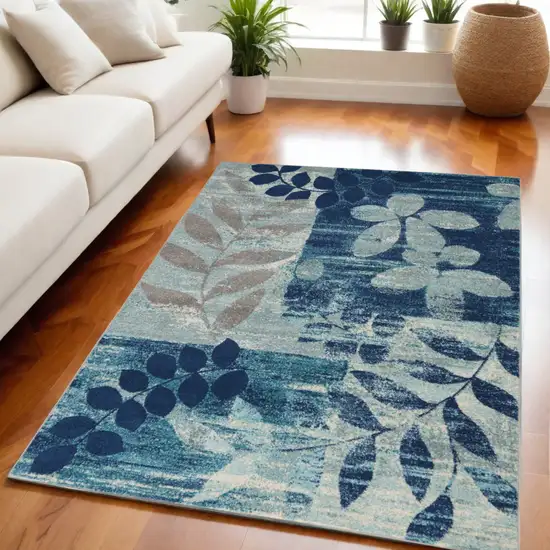 Navy Blue Light Blue and Gray Botanical Leaves Area Rug Photo 1