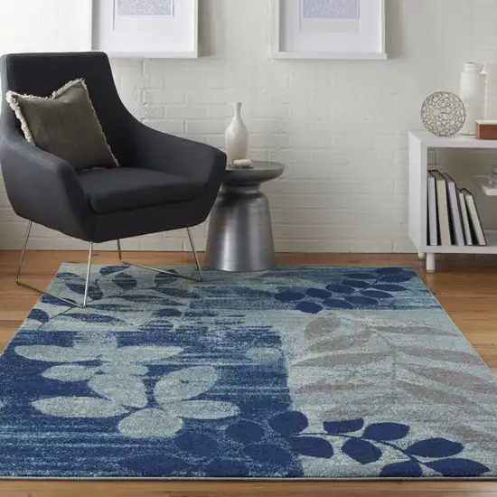 Navy Blue Light Blue and Gray Botanical Leaves Area Rug Photo 9