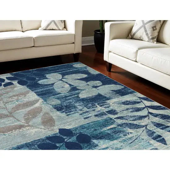 Navy Blue Light Blue and Gray Botanical Leaves Area Rug Photo 1