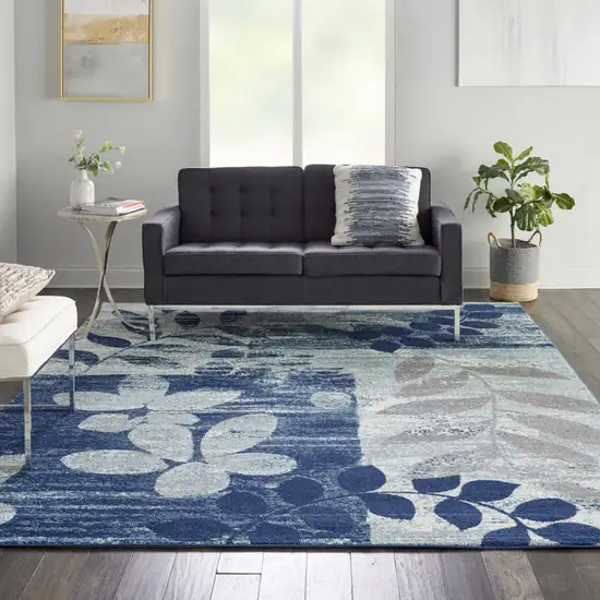 Navy Blue Light Blue and Gray Botanical Leaves Area Rug Photo 9