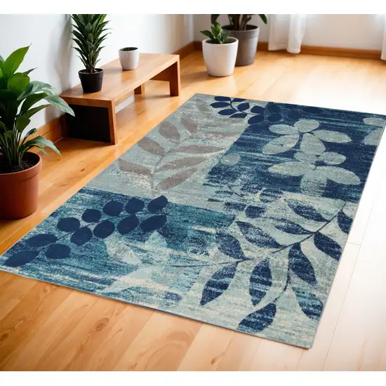 Navy Blue Light Blue and Gray Botanical Leaves Area Rug Photo 1