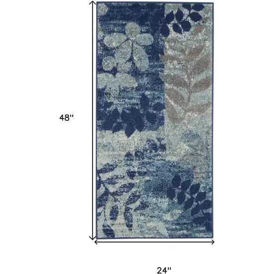 Navy Blue Light Blue and Gray Botanical Leaves Area Rug Photo 3