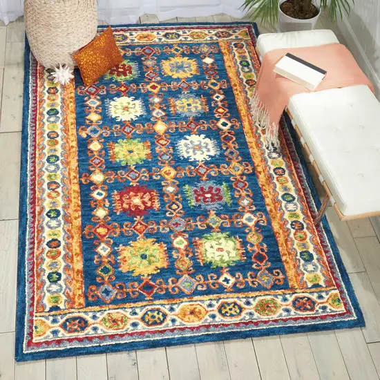 Navy Blue Orange And Green Wool Floral Hand Tufted Distressed Area Rug Photo 8