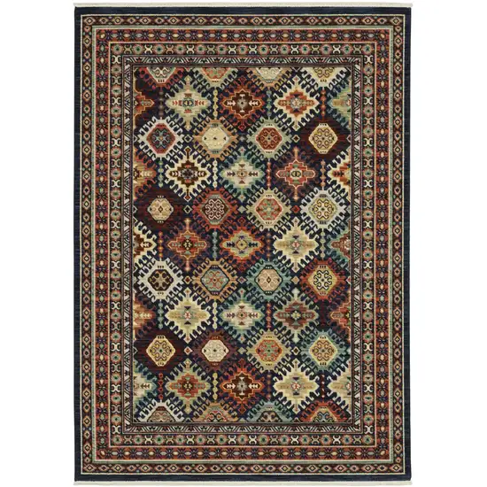 Navy Blue Oriental Area Rug With Fringe Photo 5