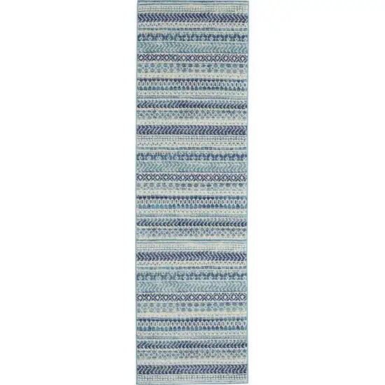 8' Navy Blue And Ivory Southwestern Runner Rug Photo 1