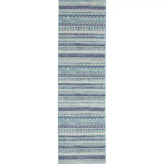 Navy Blue Ornate Stripes Runner Rug Photo 1