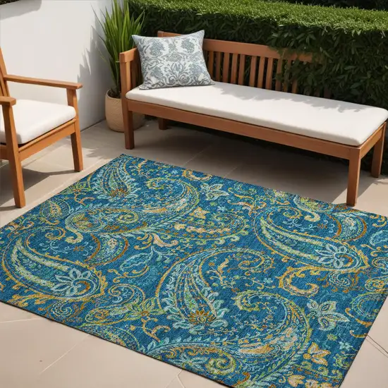 Navy Blue Paisley Washable Non Skid Indoor Outdoor Area Rug Photo 1