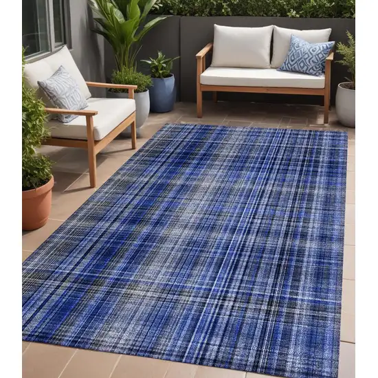 Navy Blue Plaid Washable Non Skid Indoor Outdoor Area Rug Photo 1