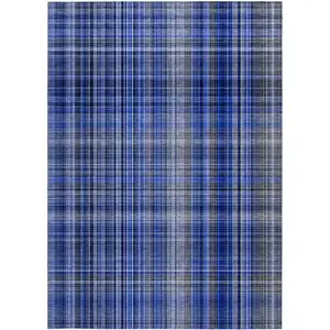 Photo of Navy Blue Plaid Washable Non Skid Indoor Outdoor Area Rug