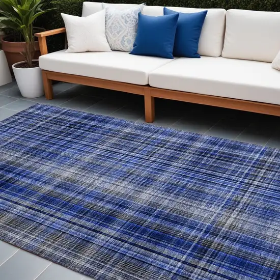 Navy Blue Plaid Washable Non Skid Indoor Outdoor Area Rug Photo 1