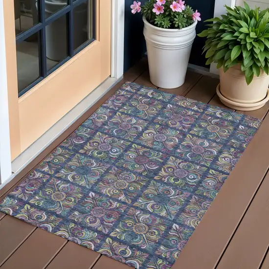 Navy Blue Purple And Teal Blue Medallion Washable Indoor Outdoor Area Rug Photo 1