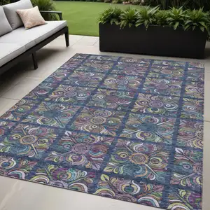 Photo of Navy Blue Purple And Teal Blue Medallion Washable Indoor Outdoor Area Rug