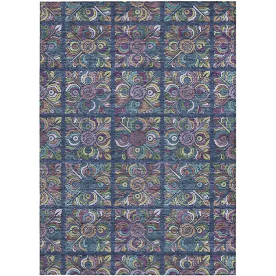 Navy Blue Purple And Teal Blue Medallion Washable Indoor Outdoor Area Rug Photo 8