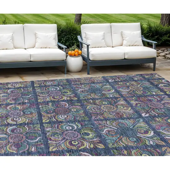 Navy Blue Purple And Teal Blue Medallion Washable Indoor Outdoor Area Rug Photo 1