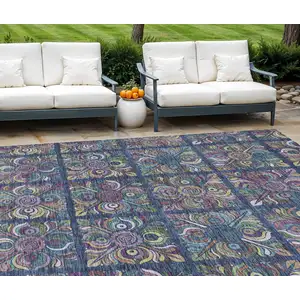 Photo of Navy Blue Purple And Teal Blue Medallion Washable Indoor Outdoor Area Rug