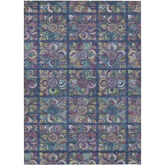 Navy Blue Purple And Teal Blue Medallion Washable Indoor Outdoor Area Rug Photo 2