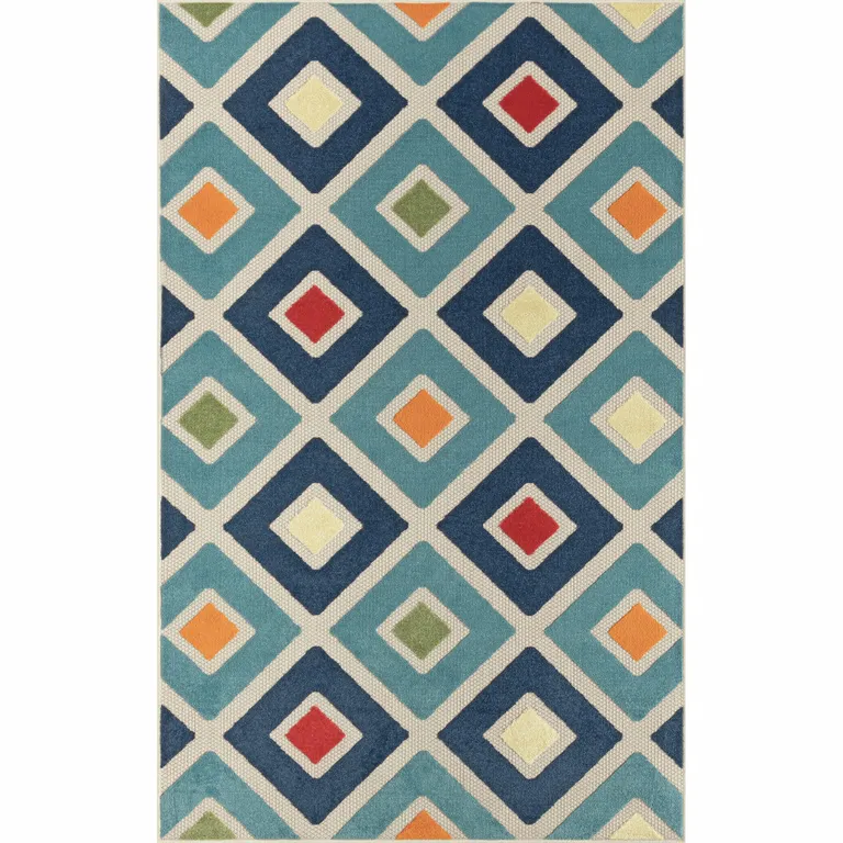 Navy Blue Red Orange And Off White Geometric Stain Resistant Indoor Outdoor Area Rug Photo 1