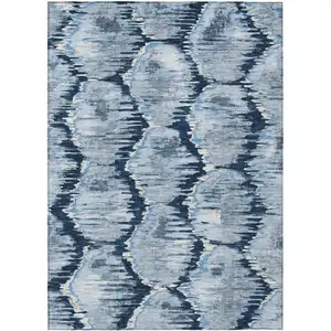 Photo of Navy Blue Sky Blue And Ivory Abstract Washable Indoor Outdoor Area Rug