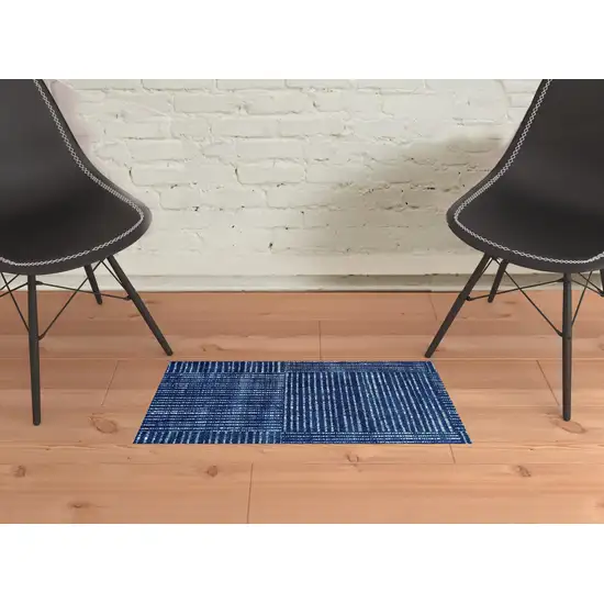 Navy Blue Striped Washable Area Rug With UV Protection Photo 2