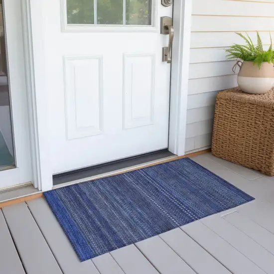 Navy Blue Striped Washable Non Skid Indoor Outdoor Area Rug Photo 8