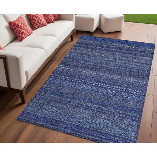 Navy Blue Striped Washable Non Skid Indoor Outdoor Area Rug Photo 1