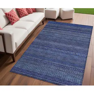 Photo of Navy Blue Striped Washable Non Skid Indoor Outdoor Area Rug