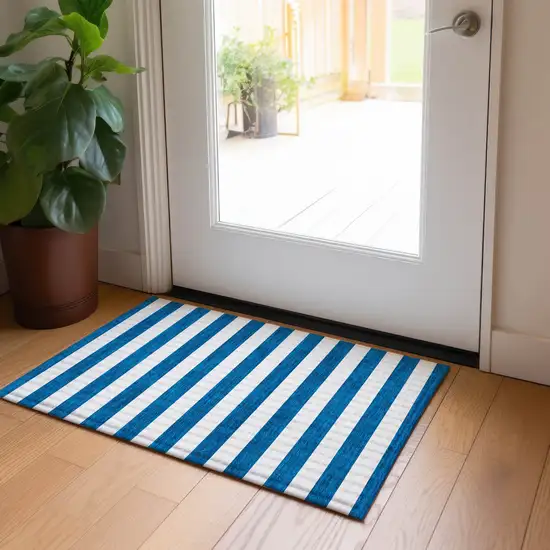 Navy Blue Striped Washable Non Skid Indoor Outdoor Area Rug Photo 9