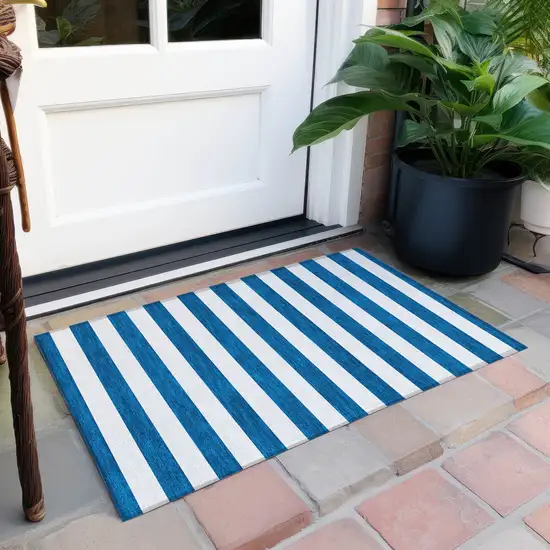 Navy Blue Striped Washable Non Skid Indoor Outdoor Area Rug Photo 8