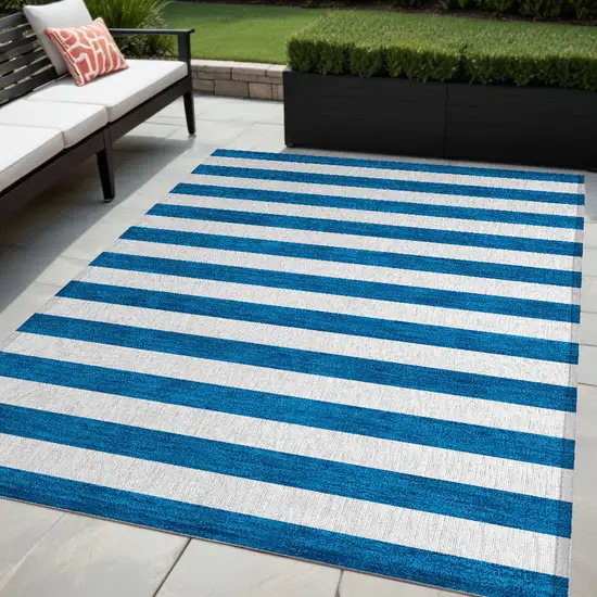 Navy Blue Striped Washable Non Skid Indoor Outdoor Area Rug Photo 1