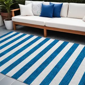 Photo of Navy Blue Striped Washable Non Skid Indoor Outdoor Area Rug