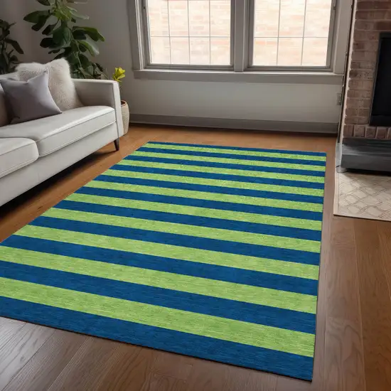 Navy Blue Striped Washable Non Skid Indoor Outdoor Area Rug Photo 9